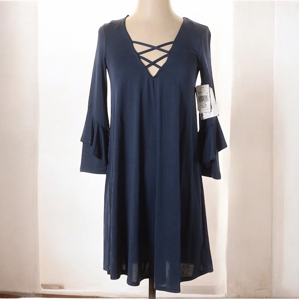 NWT Trixxi Stormy Blue Long Sleeve Criss-Cross A-Line Dress | Size XXS - Picture 2 of 13